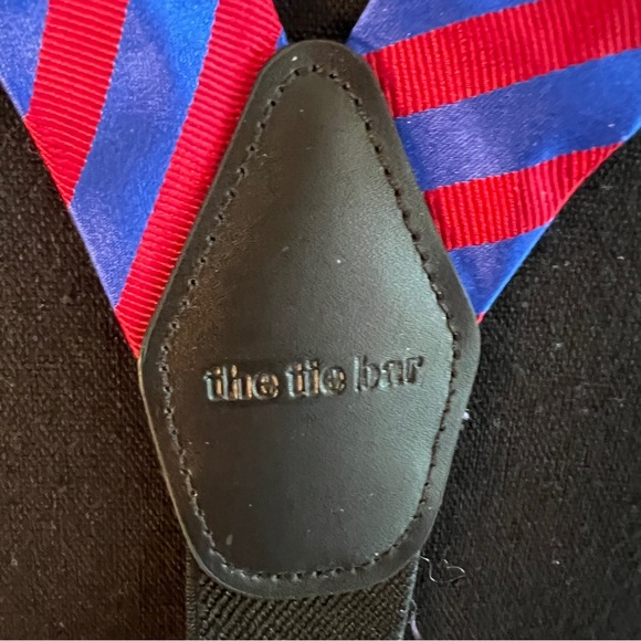 The Tie Bar Unisex Blue Red Striped Silk Blend Leather Adjustable Suspenders - Picture 2 of 9
